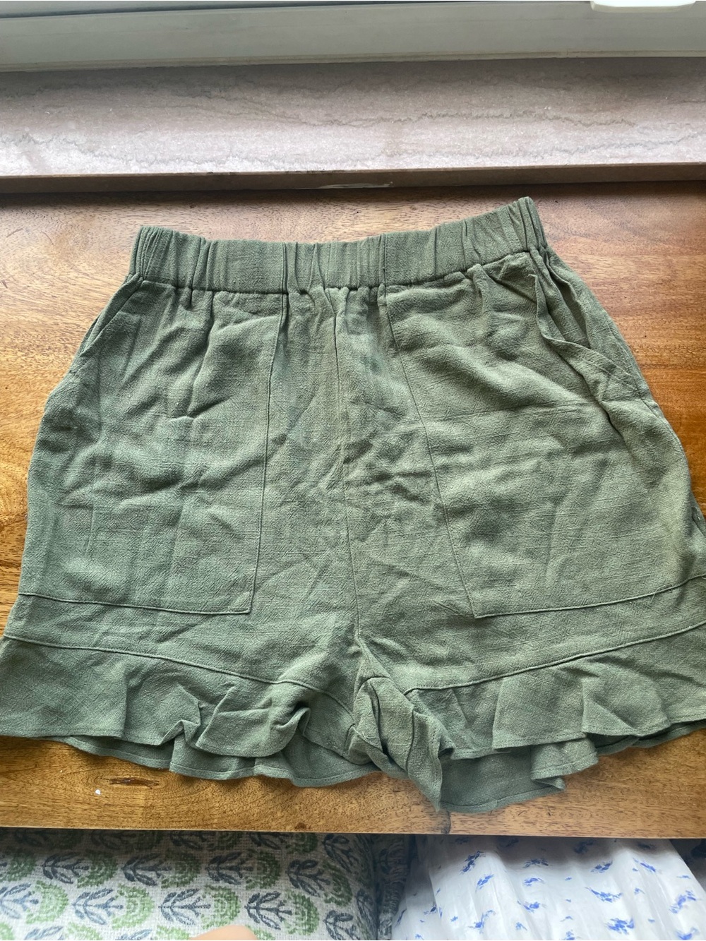 Olive Green Lightweight Linen Shorts with Pockets and Ruffles